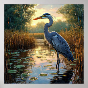 Póster 🌿 Elegante Garza Humedales Brumoso Pantano Escena