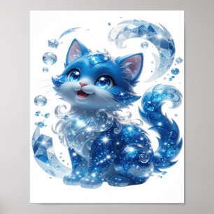 Póster Elegante GATO AZUL con DIAMANTES Y ESTRELLAS
