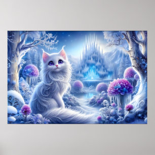 Póster Elegante gato blanco en un reino mágico nevado
