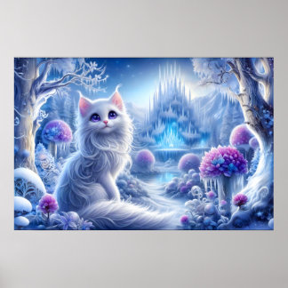 Póster Elegante gato blanco en un reino mágico nevado