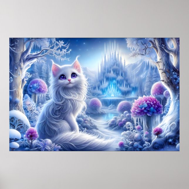 Póster Elegante gato blanco en un reino mágico nevado (Frente)