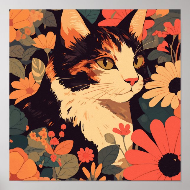 Póster Elegante gato calico en el jardín floral Matte (Frente)