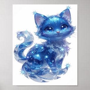 Póster Elegante GATO DE ESTRELLAS AZULES plateado