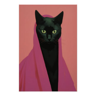 Póster Elegante gato negro con rosa