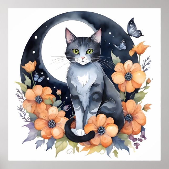 Póster Elegante Gato Negro Floral Moon Art Gato Amante (Frente)