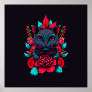 Póster Elegante gato negro rodeado de rosas rojas   POSTE