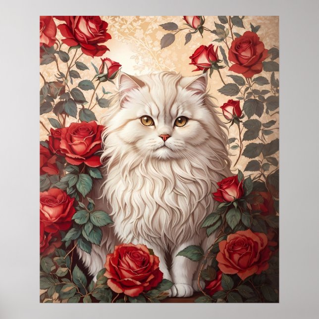 Póster Elegante gato persa con Rosas (Frente)