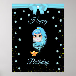 Póster Elegante Genio de Cumpleaños, Lámpara Mágica y Gem