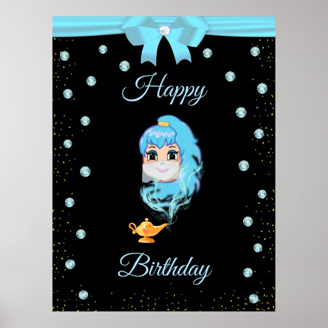 Póster Elegante Genio de Cumpleaños, Lámpara Mágica y Gem (Frente)
