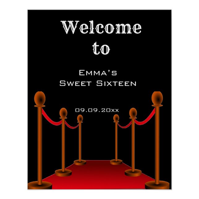 Póster Elegante Glam Red Carpet Sweet 16 Cumpleaños Bienv (Anverso)