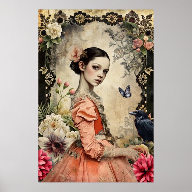 Póster Elegante Gótico victoriano único Chica jardín flor (Frente)