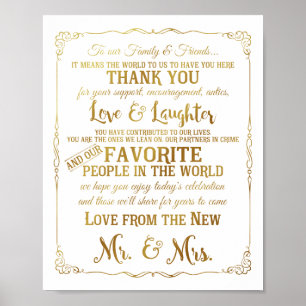 Póster elegante Gracias a la mesa bodas signos de oro