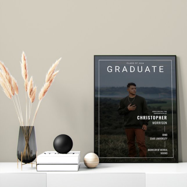 Póster Elegante graduado de fotografía de portada de revi (Stylish Magazine Cover Photo Graduate Poster)
