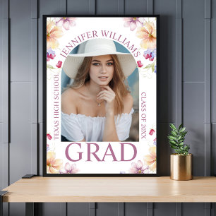 Póster elegante graduado en escritura rosa botánica