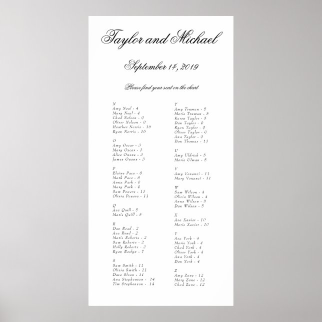 Póster Elegante gráfico de asientos alfabéticos simples N (Frente)