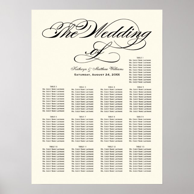 Póster Elegante gráfico de asientos Boda de caligrafía ne (Frente)