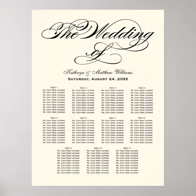 Póster Elegante gráfico de asientos Boda de caligrafía ne (Frente)