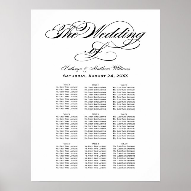 Póster Elegante gráfico de asientos Boda de caligrafía ne (Frente)