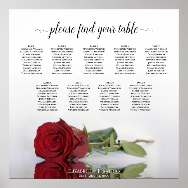 Póster Elegante gráfico de asientos Boda de la Rosa Roja  (Frente)