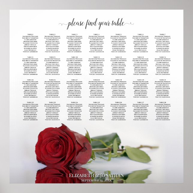 Póster Elegante gráfico de asientos Boda de la Rosa Roja  (Frente)