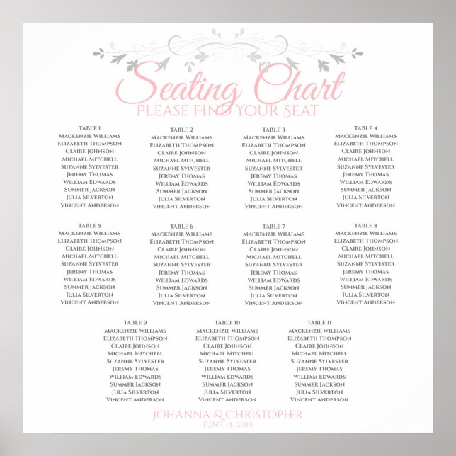 Póster Elegante gráfico de asientos Boda de mesa rosa y g (Frente)