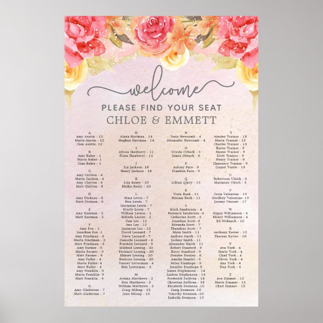 Póster Elegante gráfico de asientos Boda de oro floral ro (Frente)