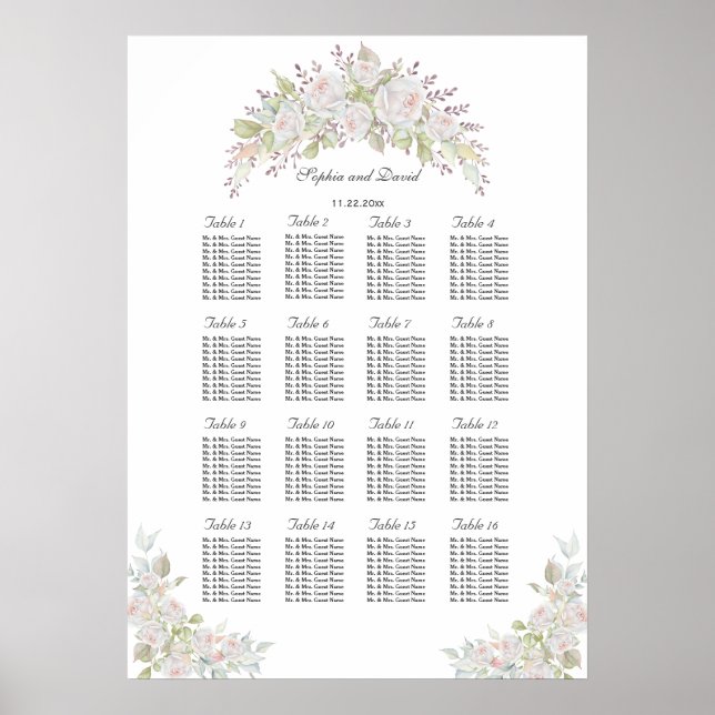 Póster Elegante gráfico de asientos Boda de rosas blancas (Frente)