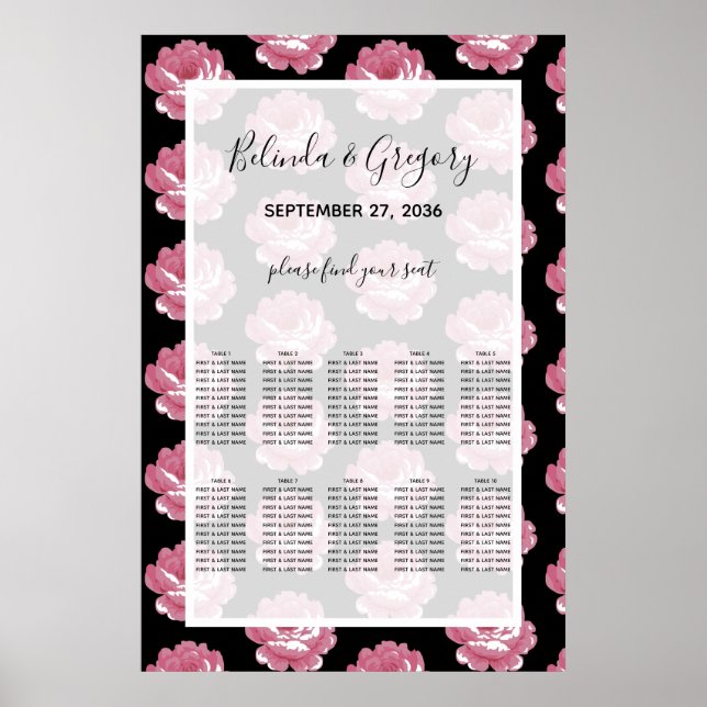 Póster Elegante gráfico de asientos Boda de Rosas de colo (Frente)