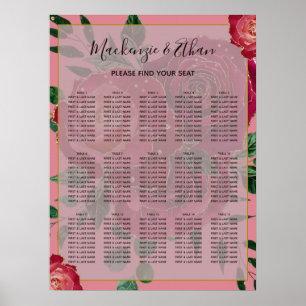 Póster Elegante gráfico de asientos Boda de rosas rojas v