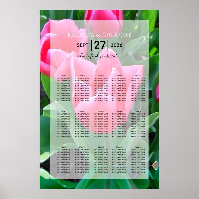 Póster Elegante gráfico de asientos Boda de tulipanes ros (Frente)
