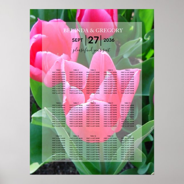 Póster Elegante gráfico de asientos Boda de tulipanes ros (Frente)