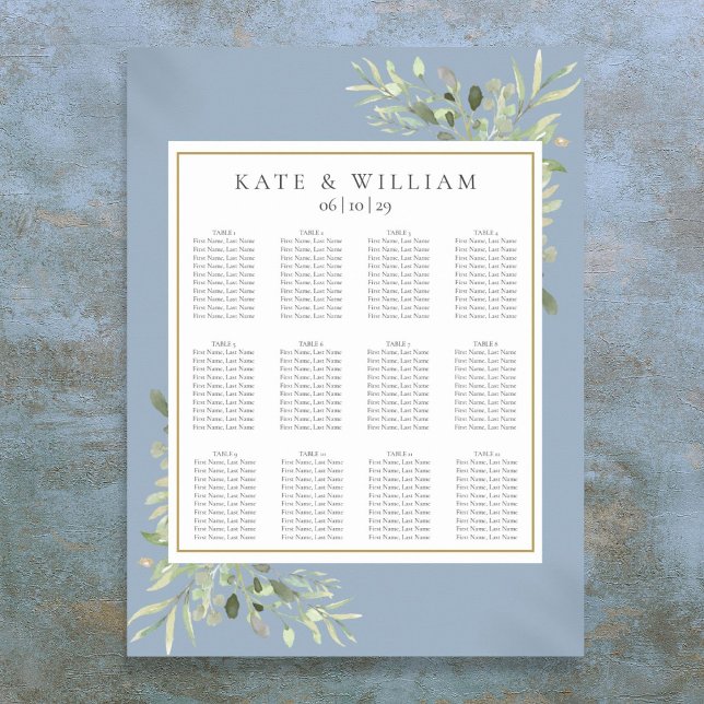 Póster Elegante gráfico de asientos Boda de vegetación az (Elegant Dusty Blue Greenery Wedding Seating Chart)