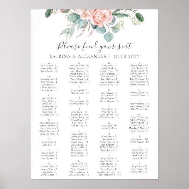 Póster Elegante gráfico de asientos Boda simple con flore (Frente)