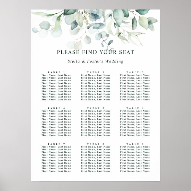 Póster Elegante gráfico de asientos de Boda de follaje ve (Frente)