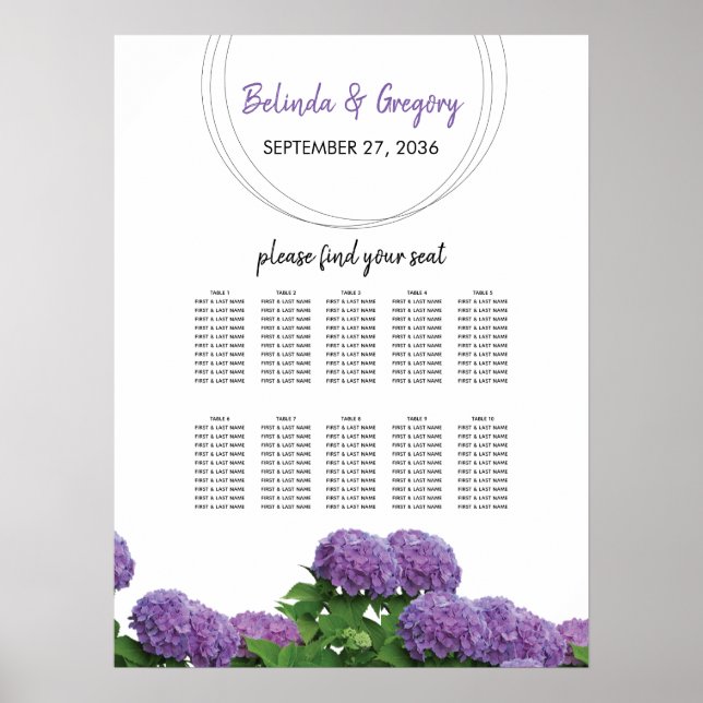 Póster Elegante gráfico de asientos de Boda de hidrangea  (Frente)