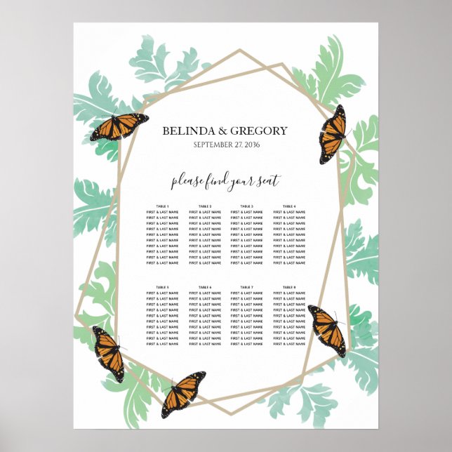 Póster Elegante gráfico de asientos de Boda de mariposa m (Frente)