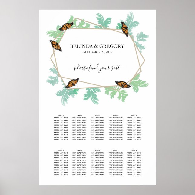 Póster Elegante gráfico de asientos de Boda de mariposa m (Frente)