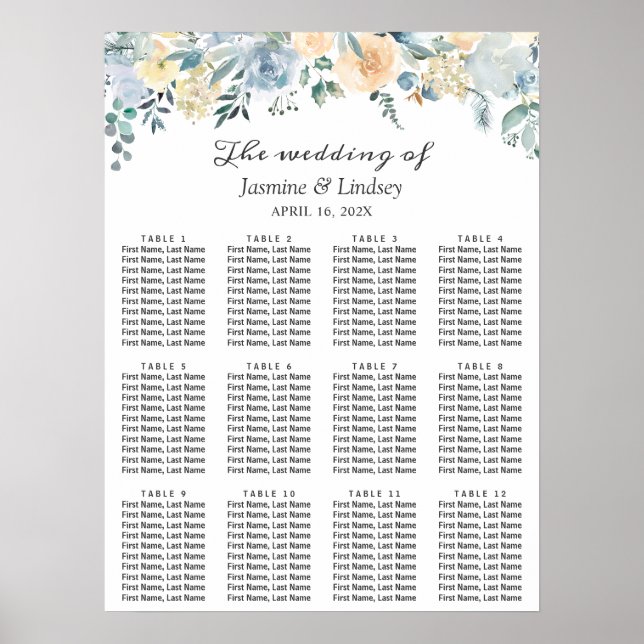 Póster Elegante gráfico de asientos de Boda floral azul v (Frente)
