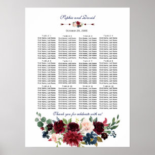 Póster Elegante gráfico de asientos de Boda floral de la 