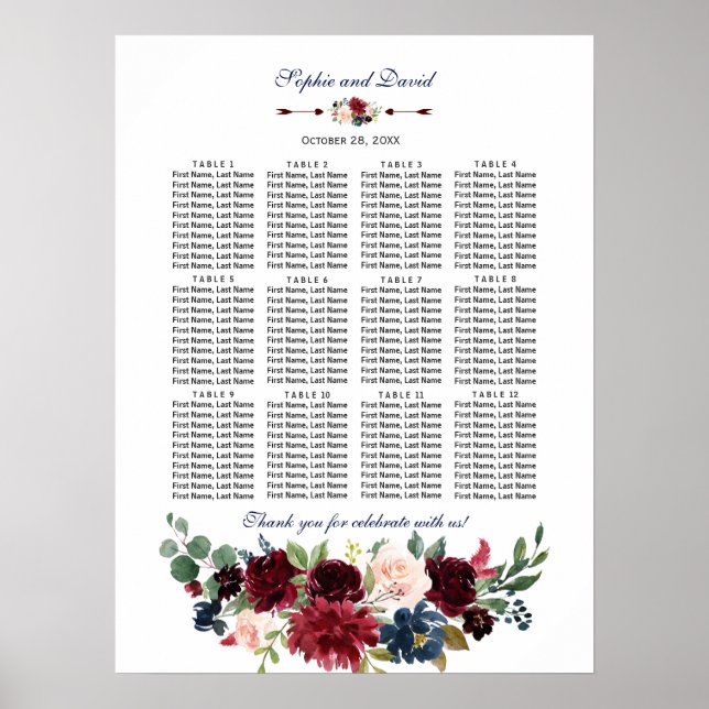 Póster Elegante gráfico de asientos de Boda floral de la  (Frente)