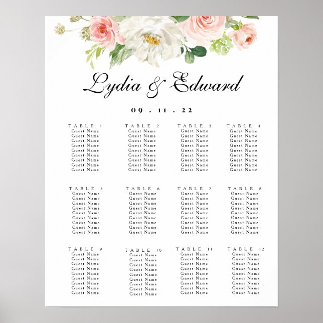 Póster Elegante gráfico de asientos de Boda floral de Rub (Frente)
