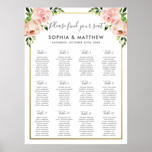 Póster Elegante gráfico de asientos de Boda floral de Rub (Frente)