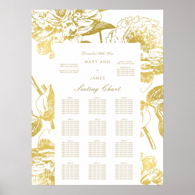 Póster Elegante gráfico de asientos de Boda floral dorado (Frente)