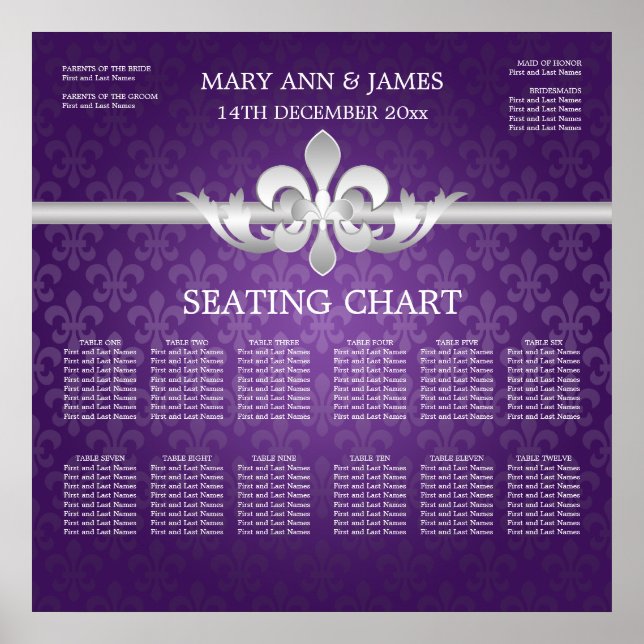 Póster Elegante gráfico de asientos de bodas Fleur De Lis (Frente)