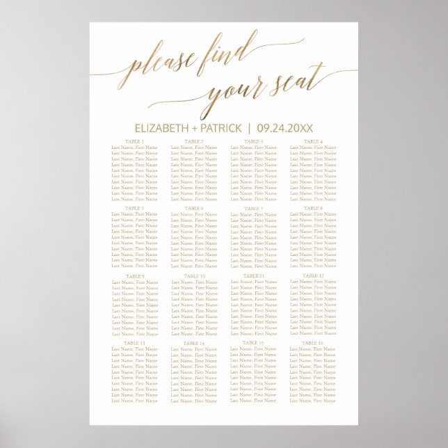 Póster Elegante gráfico de asientos de caligrafía de oro (Frente)