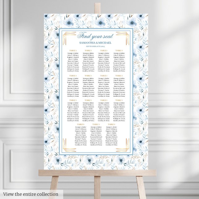 Póster Elegante gráfico de asientos de Purpurina Boho Dus (Elegant Boho Dusty Blue Gold Glitter Seating Chart)