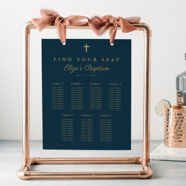 Póster Elegante gráfico de asientos del Baptismo de la Cr (Simple gold cross baptism seating chart sign.)