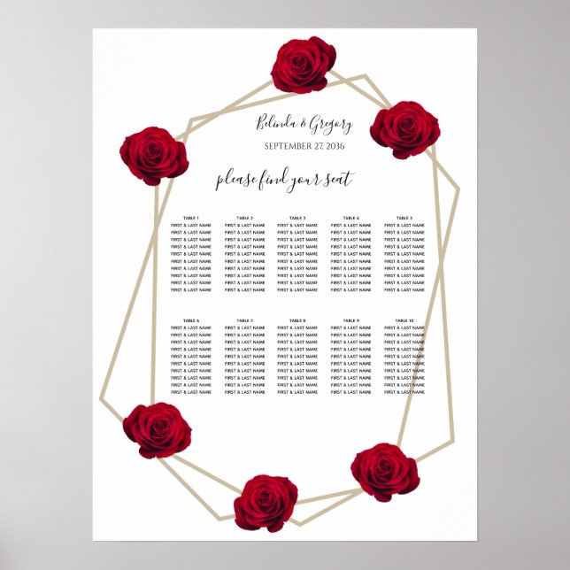 Póster Elegante gráfico de asientos del Boda de rosa roja (Frente)