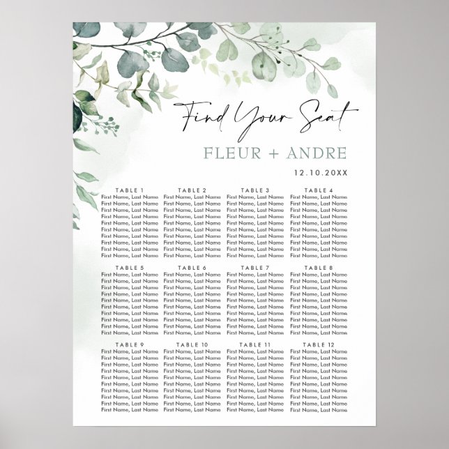 Póster Elegante gráfico de asientos del Boda Eucalyptus G (Frente)