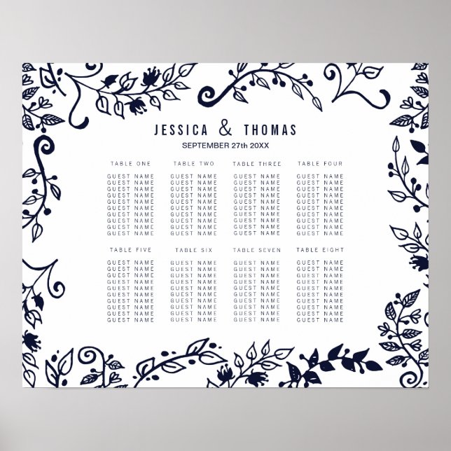 Póster Elegante gráfico de asientos florales azules y bla (Frente)